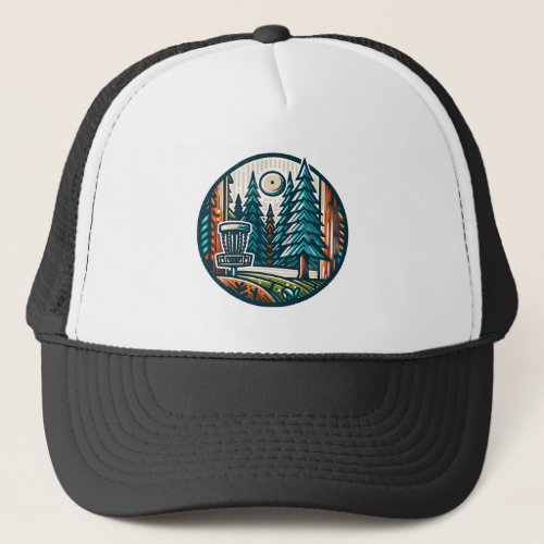 Retro Disc Golf Pin and Pine Trees Trucker Hat