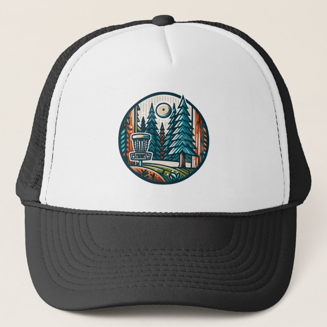 Retro Disc Golf Pin and Pine Trees Trucker Hat (Front)