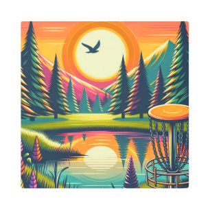 Retro Disc Golf Sunset and Trees Metal Print
