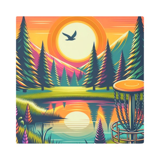 Retro Disc Golf Sunset and Trees Metal Print (Front)