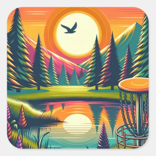 Retro Disc Golf Sunset and Trees Square Sticker