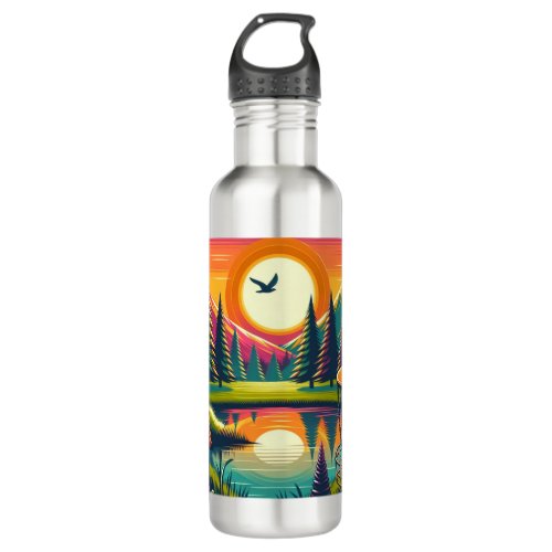 Retro Disc Golf Sunset and Trees Stainless Steel Water Bottle