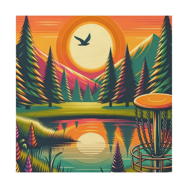 Retro Disc Golf Sunset and Trees Wood Wall Art (Front)