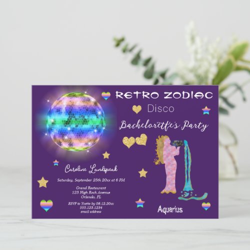 Retro Disco Aquarius Zodiac Sign Bachelorette Invitation