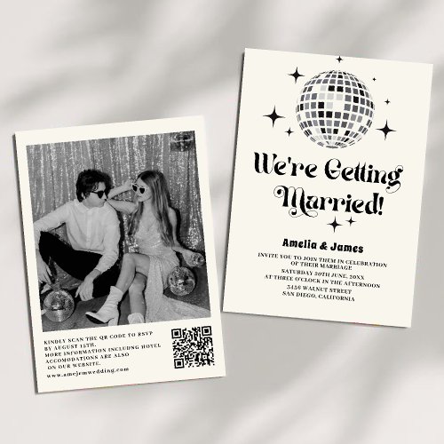 Retro Disco Ball Black White QR Code Wedding Invitation