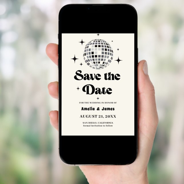 Retro Disco Ball Black White Save The Date Wedding Invitation (Front Digital)