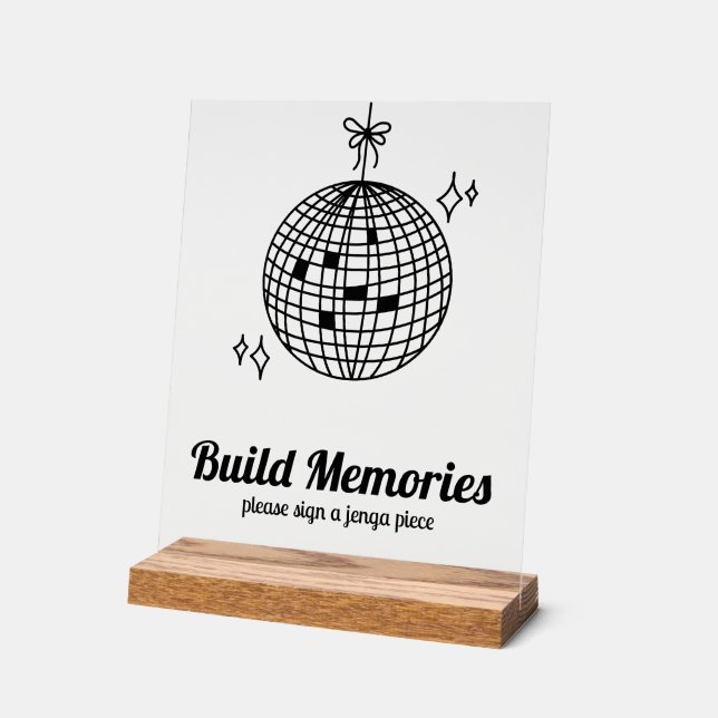 Retro Disco Ball Build Memories Wedding Jenga Acrylic Sign (Angle)
