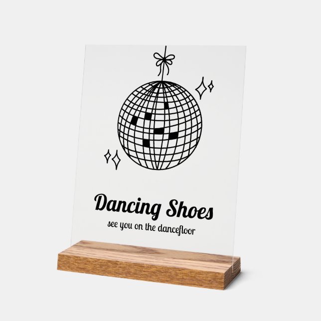 Retro Disco Ball Dancing Shoes Wedding Acrylic Sign (Angle)
