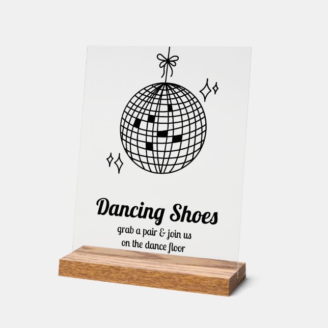 Retro Disco Ball Dancing Shoes Wedding Acrylic Sign (Angle)