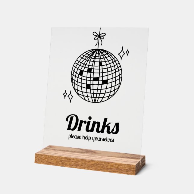 Retro Disco Ball Drinks Party Acrylic Sign (Angle)