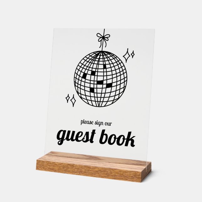 Retro Disco Ball Guest Book Acrylic Sign (Angle)