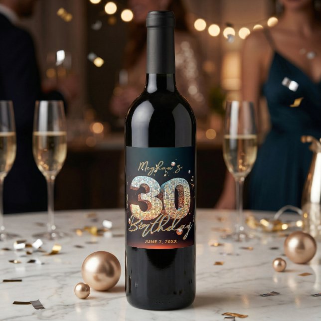 Retro Disco Ball Musical Notes 30th Birthday Wine Label (Creator Uploaded)