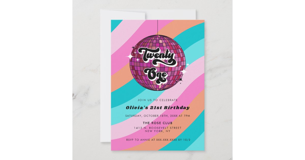 Retro Disco Ball Pink 21st Birthday Invitation | Zazzle