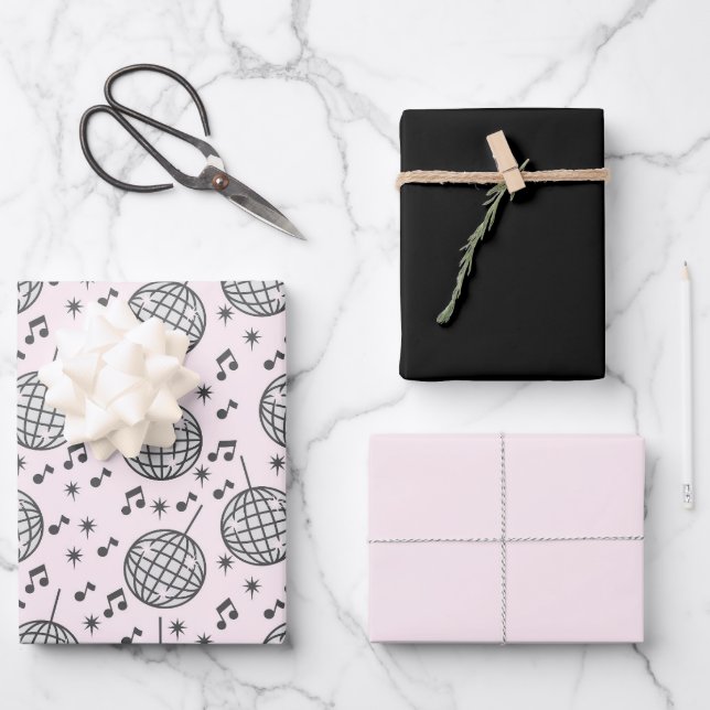 Retro Disco Ball Pink & Black Musical Wrapping Paper Sheets (Front)