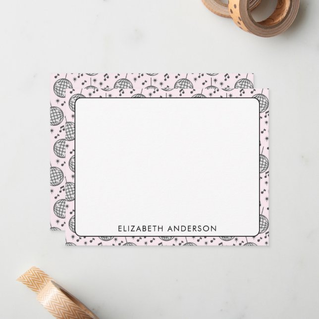 Retro Disco Ball Pink Pattern Girly Note Card (Front/Back In Situ)