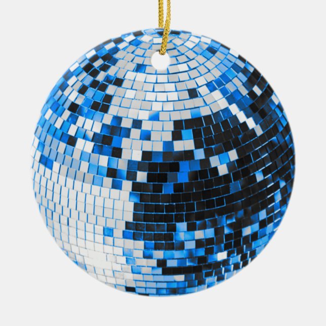 Retro disco ball sparkle glitter blue birthday ceramic ornament (Front)