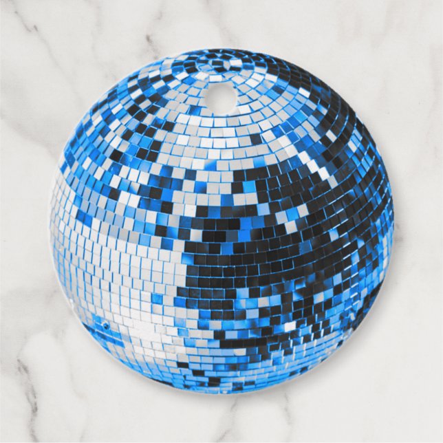 Retro disco ball sparkle glitter blue birthday favor tags (Front)
