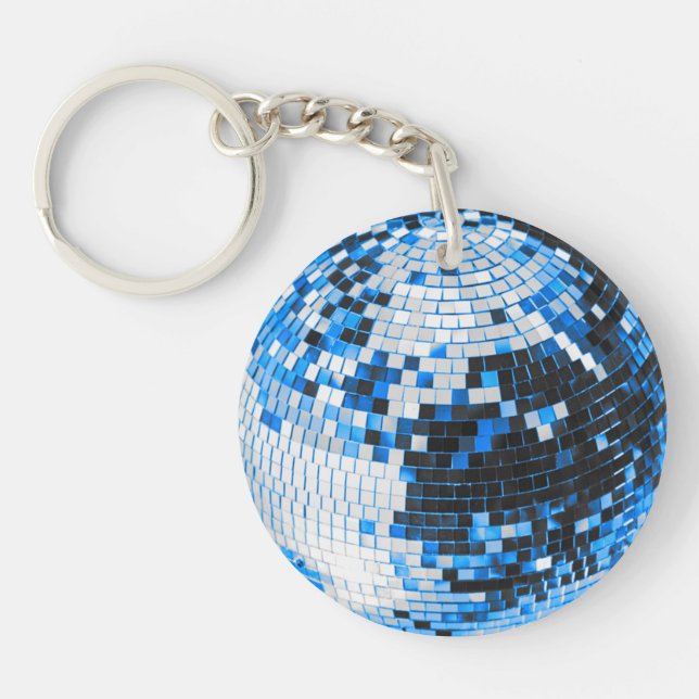 Retro disco ball sparkle glitter blue birthday keychain (Front)