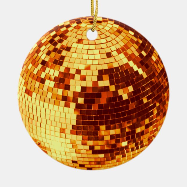 Retro disco ball sparkle glitter gold birthday ceramic ornament (Front)