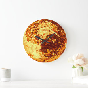 Retro disco ball sparkle glitter gold birthday large clock