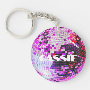 Retro disco ball sparkle glitter pink birthday keychain