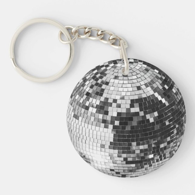 Retro disco ball sparkle glitter silver birthday keychain (Front)