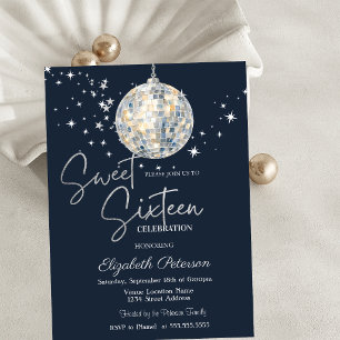 Retro Disco Ball Stars Navy Blue Sweet 16 Invitation