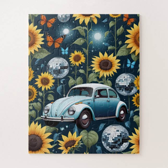 Retro Disco Balls Sunflowers and Hippie Bug Car Jigsaw Puzzle (Vertical)