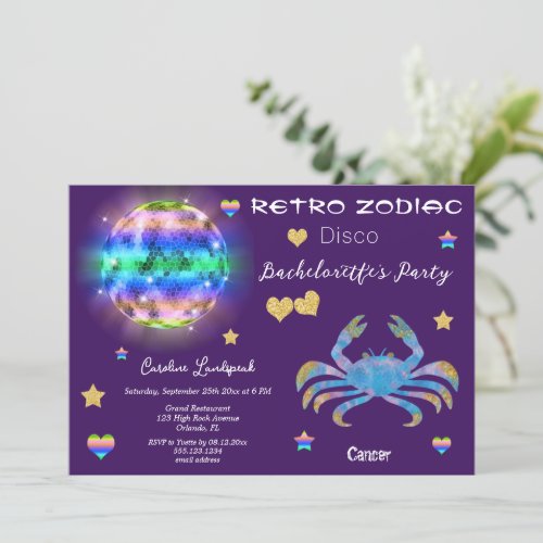 Retro Disco Cancer Zodiac Sign Bachelorette Invitation