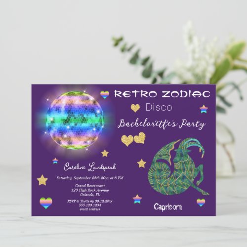 Retro Disco Capricorn Zodiac Sign Bachelorette Invitation