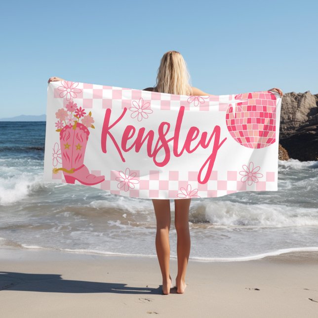Retro Disco Cowgirl Style Personalized Beach Towel (retro disco cowgirl personalized beach towel, checker beach towel pink disco ball with boot )