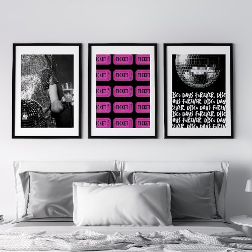 Retro Disco Days Disco Ball Black  White Pink Wall Art Sets
