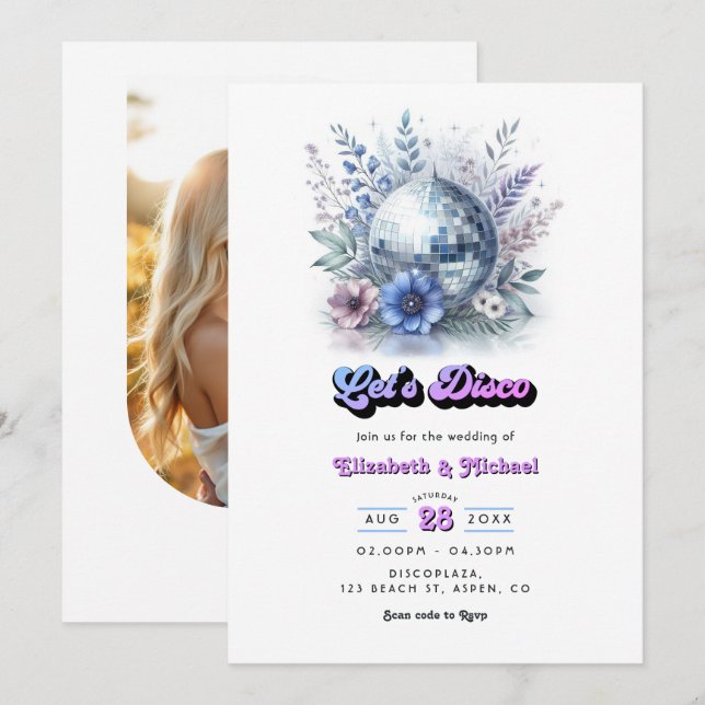 Retro Disco Garden Wedding RSVP QR Code Invitation (Front/Back)