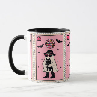 Retro Disco Ghost with Black Cat Halloween Stamp Mug