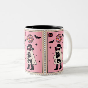Retro Disco Ghost with Black Cat Halloween Stamp Two-Tone Coffee Mug