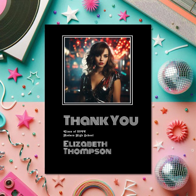 Retro Disco Graduation Photo Thank You Card (Retro Disco Graduation Photo Thank You Card)