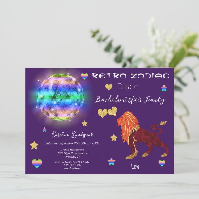 Retro Disco Leo Zodiac Sign Bachelorette Invitation (Standing Front)