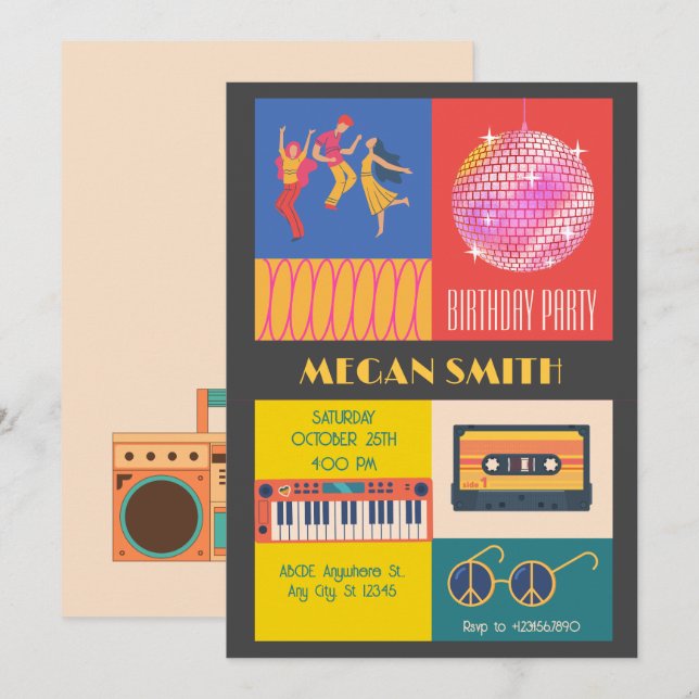 Retro Disco music party birthday Invitation (Front/Back)