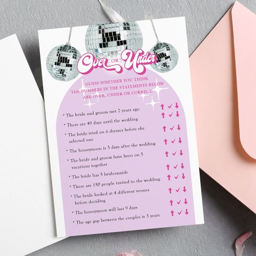 Retro Disco Over or Under Bridal Shower Game Card