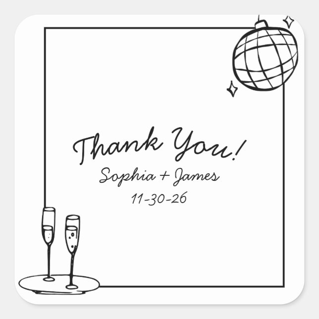 Retro Disco Personalized Wedding Thank You Square Sticker (Front)