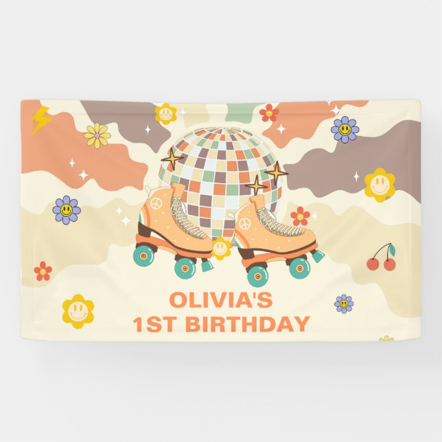 Retro Disco Roller Skate 1st Birthday Banner (Horizontal)
