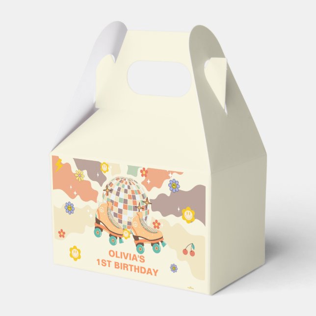 Retro Disco Roller Skate 1st Birthday Favor Boxes (Front Side)