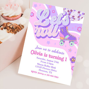 Retro Disco Roller Skate  Let's Roll 1st Birthday Invitation