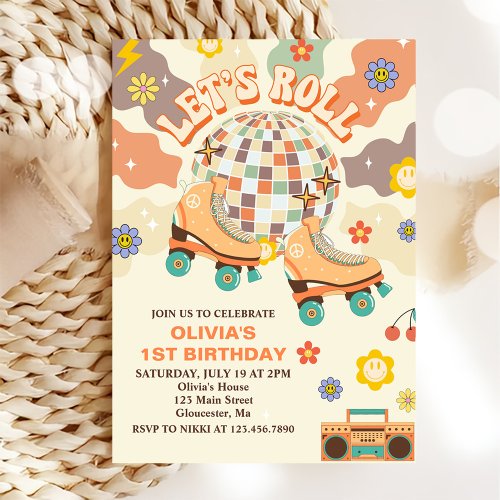 Retro Disco Roller Skate  Lets Roll 1st Birthday Invitation