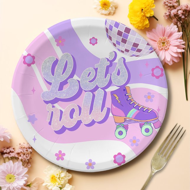 Retro Disco Roller Skate Let's Roll 1st Birthday Paper Plates (Creator Uploaded)