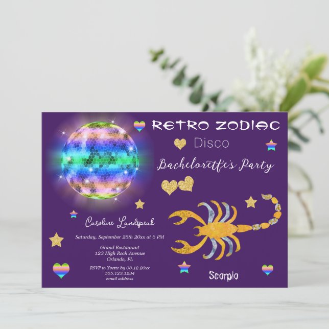 Retro Disco Scorpio Zodiac Sign Bachelorette Invitation (Standing Front)