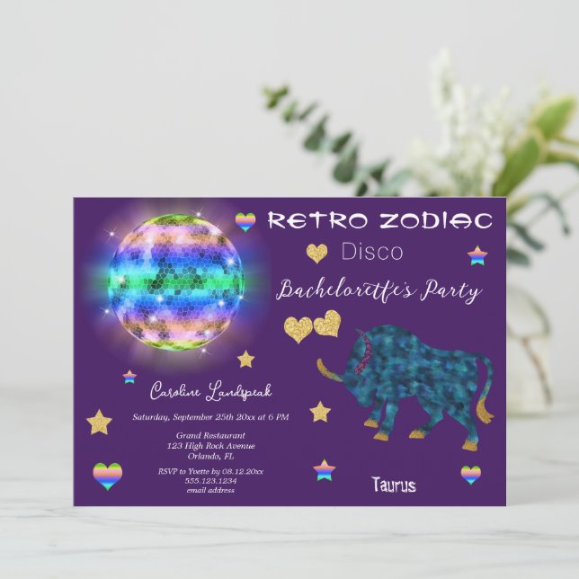 Retro Disco Taurus Zodiac Sign Bachelorette Invitation (Standing Front)