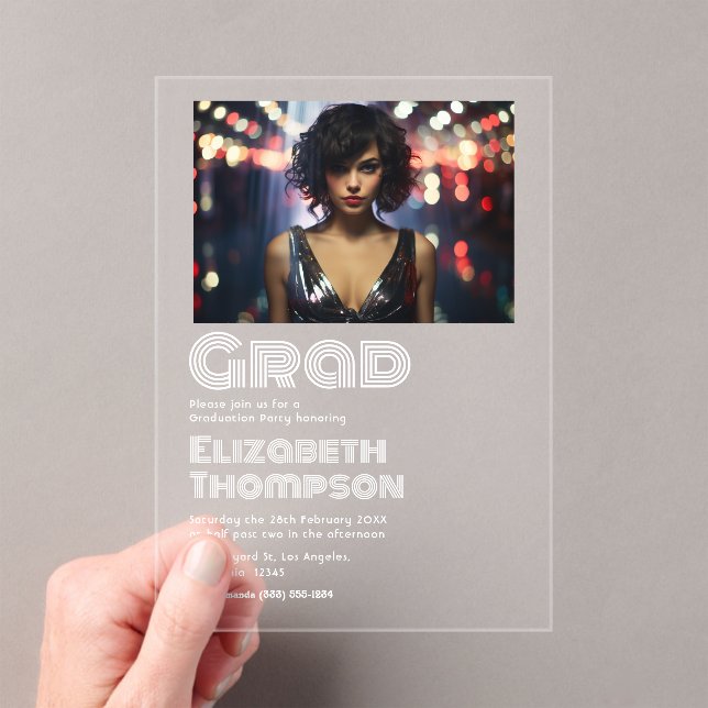 Retro Disco Typography Graduation Party Photo Acrylic Invitations (Insitu (Handheld))
