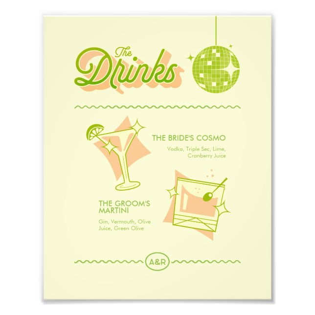 Retro Disco Wedding Bar Menu Photo Print (Front)