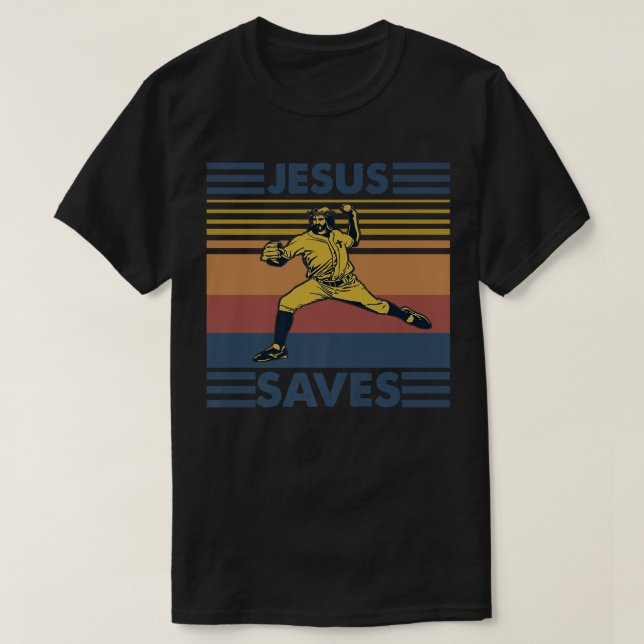 Retro Distressed Jesus Saves Baseball T-Shirt (Design Front)